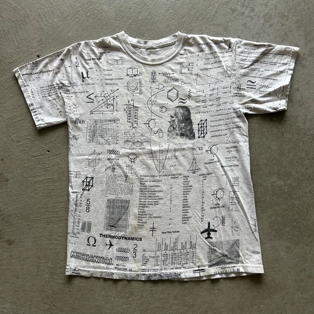 Vintage 90s Thermodynamics Shirt Size Medium Gray All Over Print Science Formula